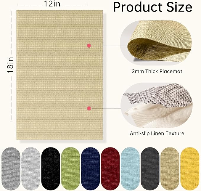 Blue Forest Placemats Set of 8, Dual-Layered Thickened Faux Linen Table Mats Heat Resistant Machine Washable Wrinkle Free Place Mats for Kitchen Dining Outdoor/Indoor (Beige)