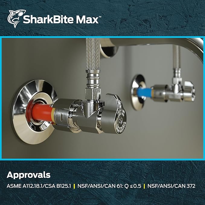 SharkBite Max 1/2 x 1/4 Inch Compression Angle Stop Valve, Quarter Turn, Push to Connect Brass Plumbing Fitting, PEX Pipe, Copper, CPVC, PE-RT, HDPE, UR23336