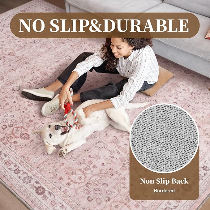MontVoo-Vintage Area Rug 9X12 Pink Rugs for Living Room-Soft Distressed Printed Rugs for Bedroom-Non Slip Carpet-Machine Washable Rug for Dining Room Living Room Bedside Office