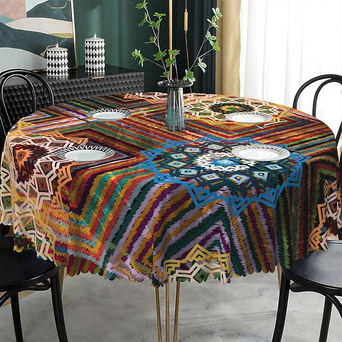 Laeacco 60 Inch Colorful Patchwork Round Tablecloth Woven Flowers Geometric Abstract Art Print Table Cloth Washable Waterproof Wrinkle Free Table Cover for Kitchen Dining Picnic Party Decoration