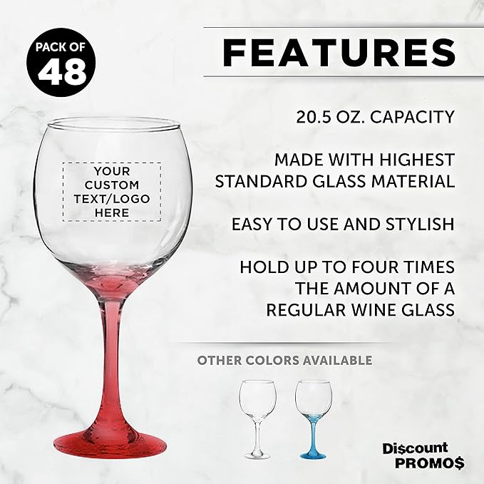 Custom Premiere Wedding Wine Glasses 20.5 oz Set of 48, Personalized Bulk Pack - Restaurant Glassware, Perfect for Red Wine or White Wine - Red
