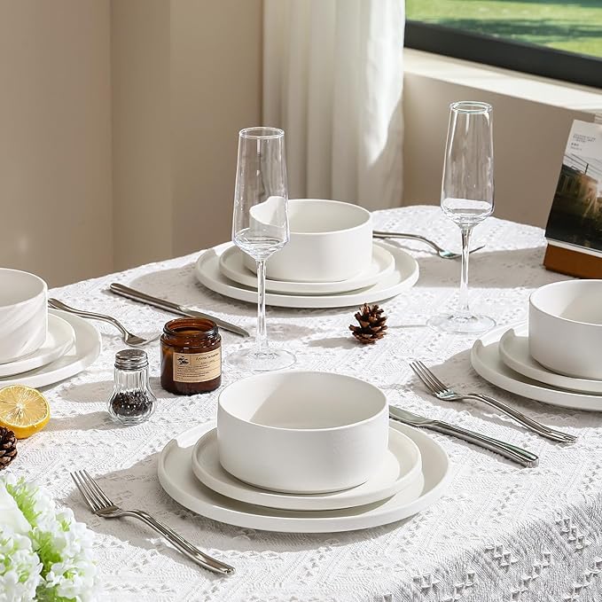 GZG Classic Series - Plates and Bowls Set for 8, 24 Piece Stoneware Dinnerware Sets, Microwave and Dishwasher Safe Lead-Free Handcrafted Ceramic Dishes Set - Ivory White