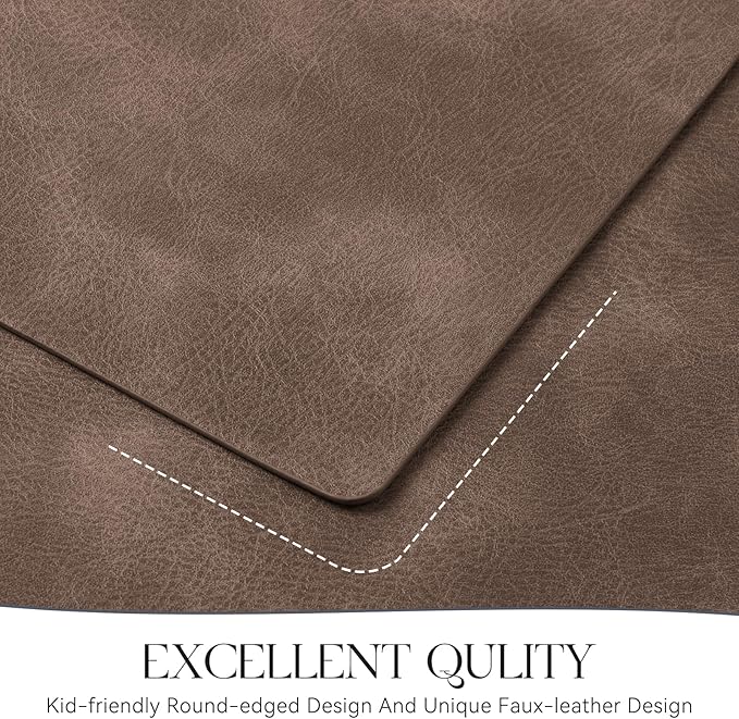 MOSAYT Vinyl Placemats Set of 4-12 X 17 Inch - Faux Leather 100% Waterproof Oil-Proof Wipeable PU Place Mats, Heat Resistant Reversible Table Mats for Kitchen, Dining, Outdoor (Brown)