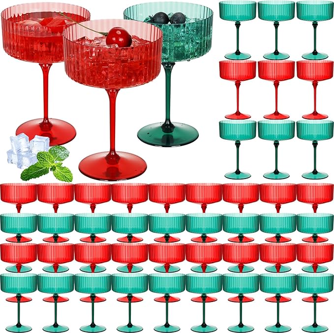 48 Pcs Ribbed Martini Glasses 10 oz Disposable Plastic Vintage Ribbed Coupe Glasses Unbreakable Dessert Parfait Glassware for Wedding Birthday Party Supplies (Red and Green)