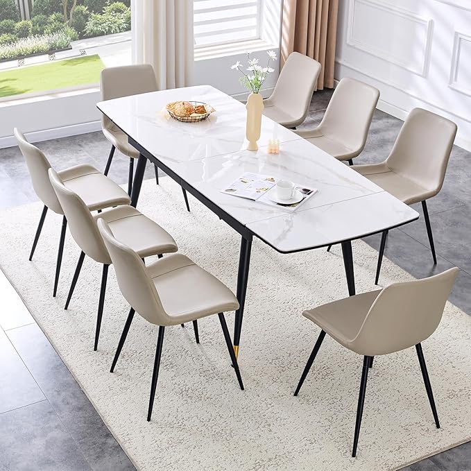 Extendable Dining Table Set for 8, 55'' to 78.8'' Rectangular Thickened Sintered Stone Kitchen Table with 8 Upholstered Chairs, Modern Space Saving 9-Piece Dinner Table Set