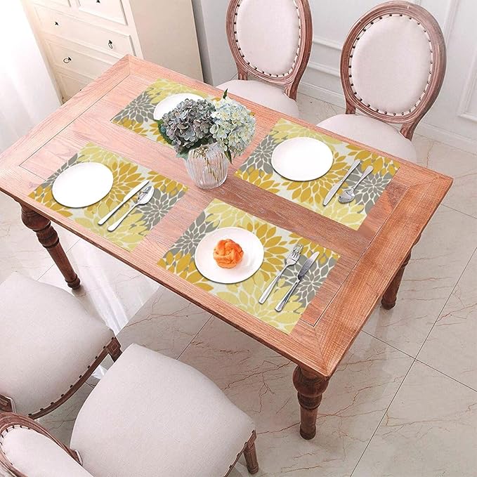 Boho Placemats 12x18 Inches Set of 4, Yellow Gray Dahlia Floral Decorative Place mats Fall Rectangle Flower Table Mats for Party Home Kitchen Dining Table Decor