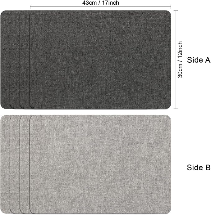 Myir JUN Reversible Vinyl Placemats Set of 4, Faux Leather Place Mats Dual Sided Waterproof Oilproof Wipeable, Heat-Resistant Table Mats for Kitchen Dining Indoor Outdoor (12" x 17", Light Gray Gray)