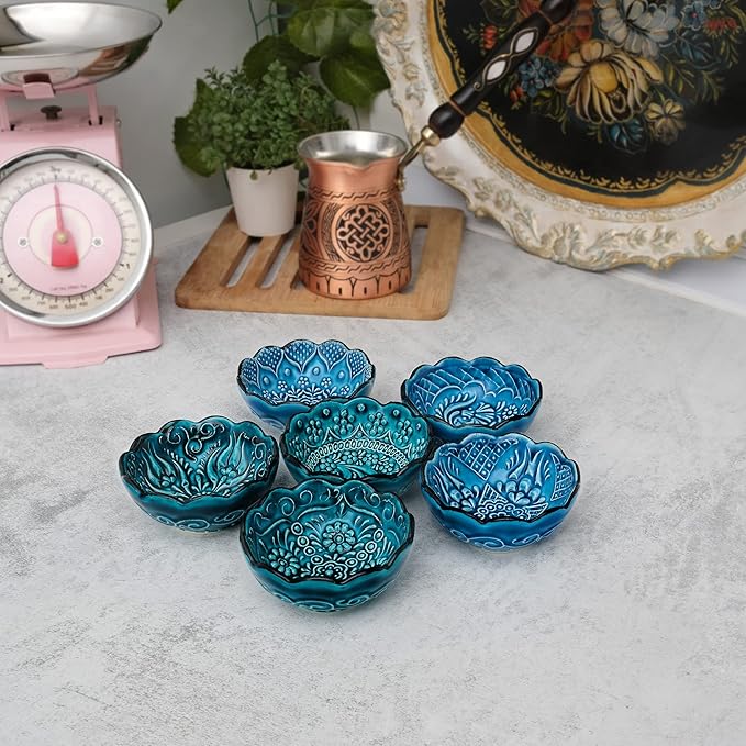 BCS Ceramic Pinch Bowls Set of 6, Small Bowls for Dipping - Cooking Prep & Charcuterie Board Bowls, Soy Sauce Dish, Turquoise Handmade Decorative Serving Dishes (3.2'' - 3 oz)