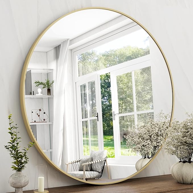 36 Inch Round Bathroom Mirror - Gold Wall Mounted Circle Mirror with Metal Frame, Modern Round Hanging Mirror Suitable for Bathroom, Vanity, Entryway, Living Room