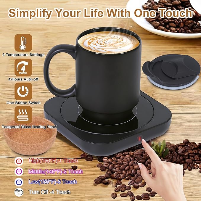 Coffee Mug Warmer & Mug Set for Desk, Electric Coffee Cup Warmer with Ceramic Mug, Smart Heated Coffee Mug with Auto Shut Off for Office/Home, Christmas/Birthday/Coffee Gifts for Men & Women, Black