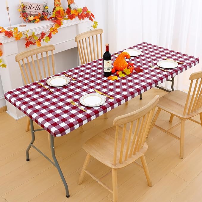 Smiry Rectangle Picnic Table Cloth, Elastic Waterproof Fitted Vinyl Tablecloths, Flannel Backed Buffalo Plaid Table Covers for Dining, Camping, Outdoor (Burgundy and White, 30" x 72")