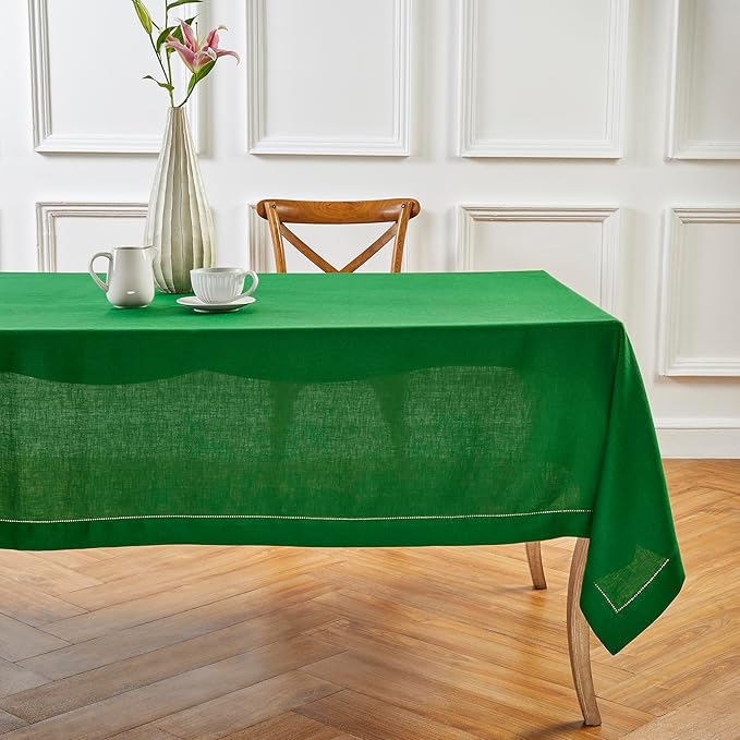 Solino Home Garden Green Linen Tablecloth 60 x 90 Inch - 100% Pure Linen Hemstitch Table Cloth for Rectangle Tables - Classic Hemstitch, Machine Washable Tablecloth for Winter, St Patricks Day, Easter