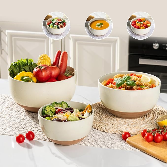AmorArc Ceramic Mixing Bowls|Nesting Bowls Set of 3 for Kitchen|Stoneware Serving Bowls with Rustic Terracotta Underside for Mixing,Cooking,Baking,Salad| Microwave & Dishwasher Safe 4.6/2.8/1.3 Qt