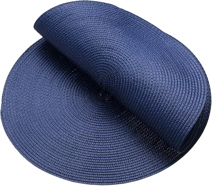 AHHFSMEI Round Braided Placemats 15 Inch Round Table Mats for Dining Tables Natural Woven Heat Resistant Place mats Set of 6 (Navy Blue)