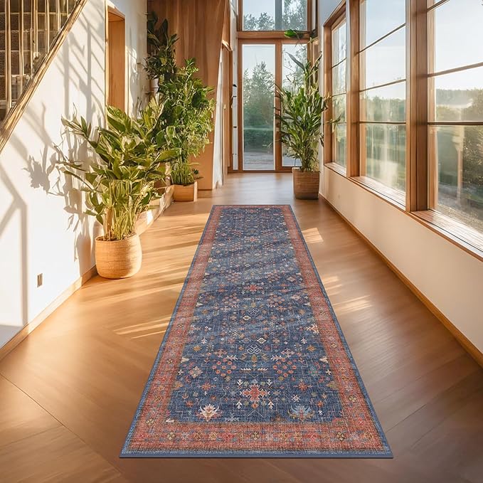 Washable 3x8 Long Runner for Wide Kitchen Floor - Navy Blue 8ft Hallway Runner Rug, Pet Friendly Waterproof Non Slip with Rubber Backing, Stain Resistant Area Rug