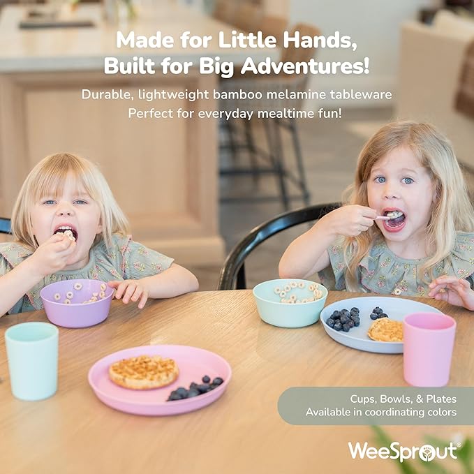 WeeSprout Bamboo Kids Bowls with Lids, Set of Four 15 oz Kid-Sized Bamboo Bowls, Bamboo Kid Bowls with Lids for Leftovers, Dishwasher Safe (Blue, Yellow, Orange, & Red)