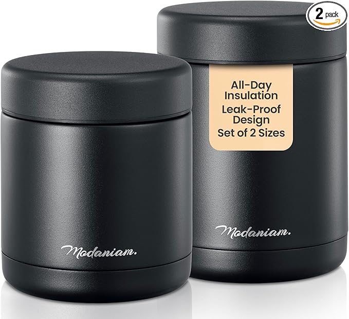Stainless Steel Insulated Food Jar Set of 2 (16oz + 12oz) | Wide Mouth | Soup Thermo for Hot Food Lunch Container | Thermal LunchBox | Insulated Soup Bowl | Hot and Cold Lunch Box for Adults | Black