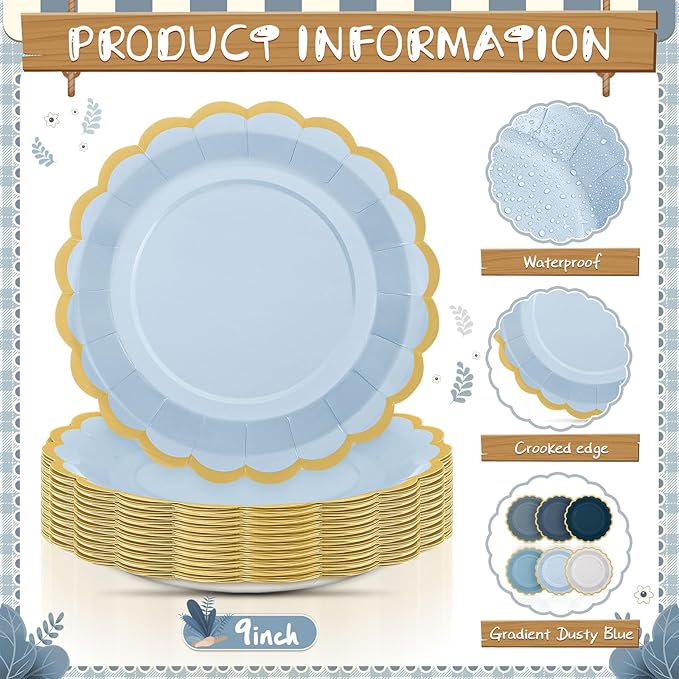 48 Pcs Dusty Blue Paper Plates 9 Inch Gradient Scalloped Paper Blue Plates Disposable Dinner Dessert for Birthday Wedding Bridal Party Supplies, 6 Colors