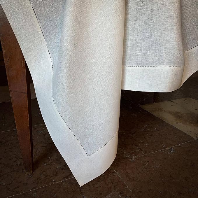 EVERLY Pure Linen Hemstitch Tablecloth,100% Stonewashed French Linen tablecloths for Kitchen Dining Rectangle Tables,60x132Inch Machine Washable Christmas Thanksgiving Organic Tablecloth-White