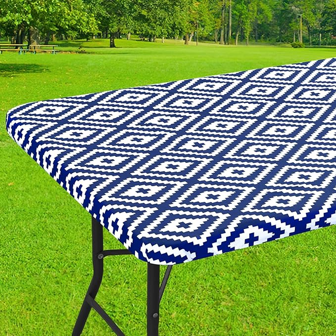 Smiry Rectangle Table Cloth Cover, Waterproof Elastic Fitted Picnic Tablecloth for 6 Foot Tables, Wipeable Flannel Backed Vinyl Tablecloths for Camping, Dining, Outdoor (Navy, 30" x 72")