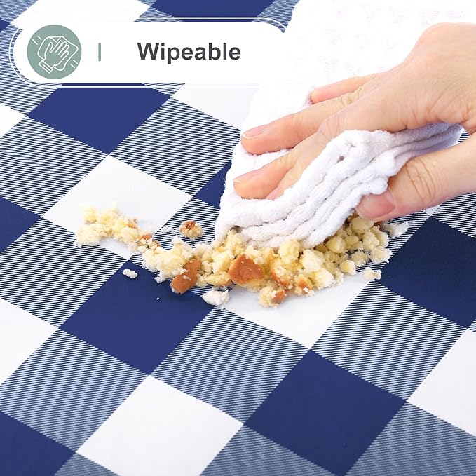 misaya Square Waterproof Vinyl Table Cloth, Buffalo Flannel Backed Tablecloth, Wipeable Plastic Table Cover for Dinner, Kitchen, Outdoor (60" X 60", White and Navy)