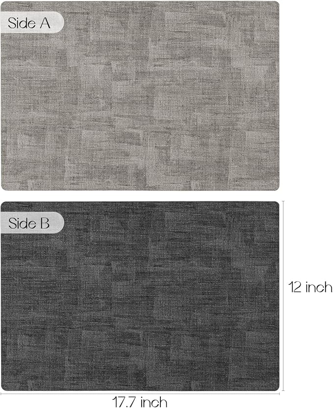 Romanstile Reversible Vinyl Placemats Set of 4, Faux Leather 100% Waterproof Oil-proof Wipeable Place Mats, Heat Resistant Dual Sided Table Mats for Kitchen/Dining/Party (Grey Light Grey, 12 x 17 Inch