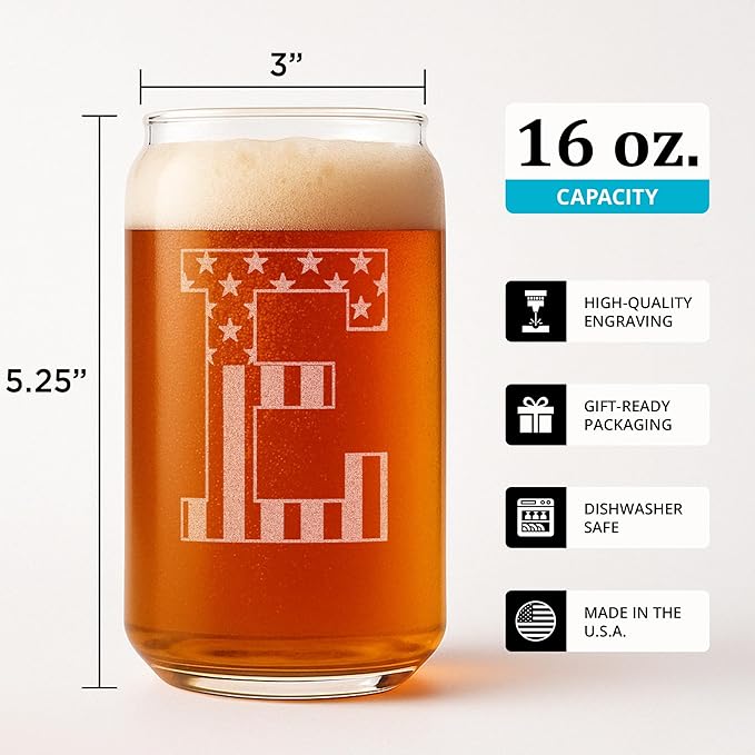 Monogram Beer Glasses for Men (A-Z) 16 oz - Beer Gifts for Men Brother Son Dad Neighbor - Unique Gifts for Him - Personalized Drinking Gift Beer Glass Mugs - Engraved Beer Can Glass (E)