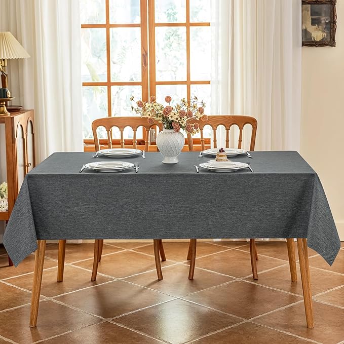 Faux Linen Fabric Rectangle Grey Table Cloth 60 x 84 Inch Textured Stain Resistant & Washable Tablecloth for 6 Foot Rectangular Table Reusable for Dining Kitchen Party