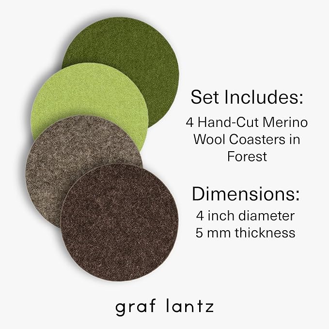 Graf Lantz - Bierfilzl Merino Wool Round Coasters Set of 4 - Forest (4" Circles) - Absorbs 30% of Weight - German Wool - Heat Resistant, Sustainable, & Reusable - Home Decor & Coffee Table Decor