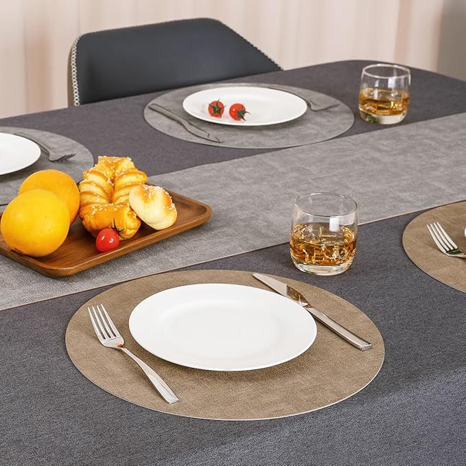 Myir JUN Reversible Vinyl Round Placemats Set of 8, Faux Leather Place Mats Dual Sided Waterproof Oilproof Wipeable, Heat-Resistant Table Mats for Kitchen Dining Indoor Outdoor (14", Light Gray Beige)