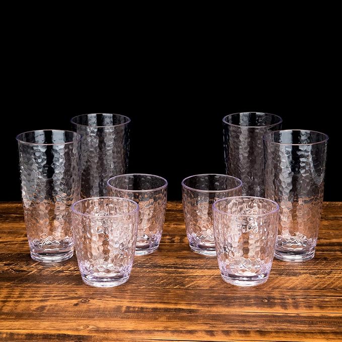 KOXIN-KARLU Hammered 15-ounce and 26-ounce Plastic Tumbler Acrylic Glasses, set of 8 Clear
