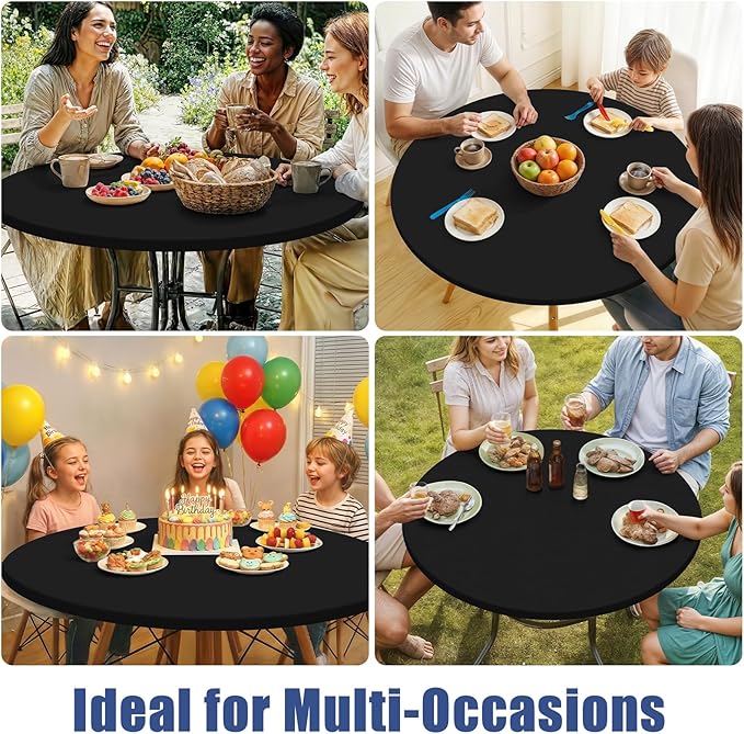 Round Spandex Tablecloth, Elastic Fitted Waterproof Tablecloths for 25"-30" Tables, Stretch Washable Picnic Table Cover for Camping, Dining, Indoor and Outdoor, Black