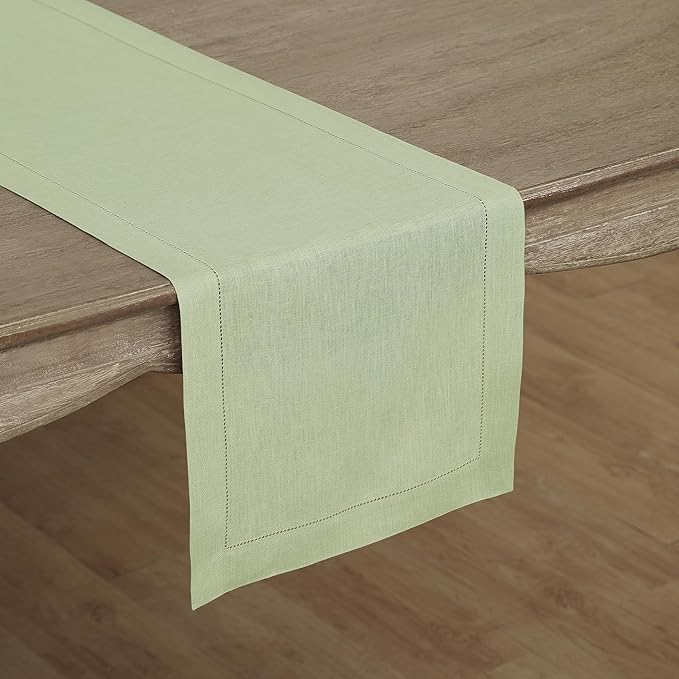 Solino Home Linen Table Runner 60 Inches - 100% Pure Linen Sage Green Hemstitch Table Runner 14 x 60 Inch Ideal for Dresser and Coffee Tables - Spring, Easter, St Patricks Day - Classic Hemstitch