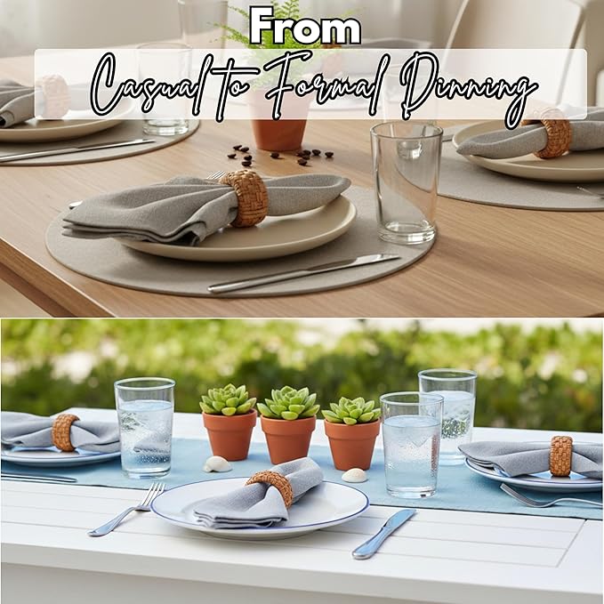 ALPHA Living HOME 6 Pcs Boho Rattan Woven Napkin Rings, Farmhouse Water Hyacinth Wooden Rustic Napkin Rings Holders for Table Wedding Decor Home and Kitchen Décor (Brown)