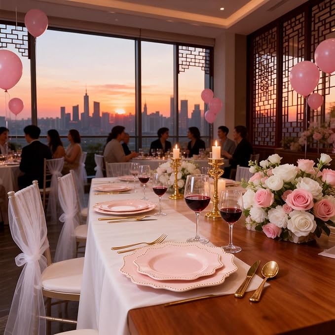 COLOSUS 60Pcs Disposable Plastic Plates Set, Gold Pink Party Plates, 30pcs Dinner Plates and 30pcs Salad/Dessert Plates for Wedding, Party, Anniversary, Daily Use,Valentine's Day