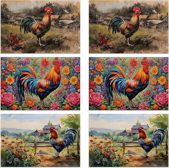 Rooster Placemats Set of 6 Rustic Chicken Sunflowers Wooden Fence Farmhouse Place Mats Washable Kitchen Dining Linen Table Mats, for Home Party Indoor 12x18 in