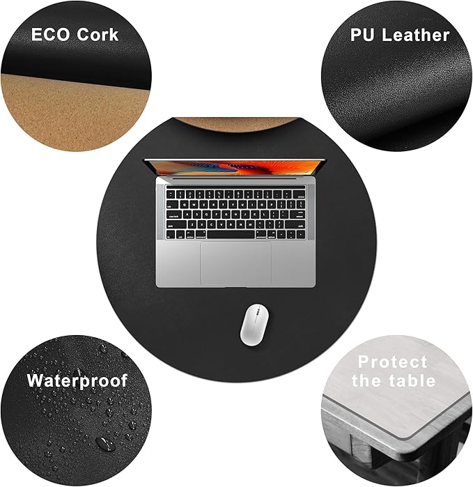 CENNBIE 23.6 Inches Round Table Mat - Cork Leather Placemats - Suitable as Side Dining Coffee Table Cover (Black)