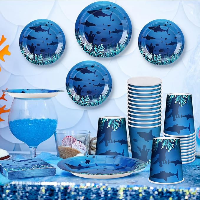 200 Pieces Party Supplies Tableware Set Patterns Printed Plates Napkins Cups Table Decorations for Baby Shower Birthday Party (Sea Style)