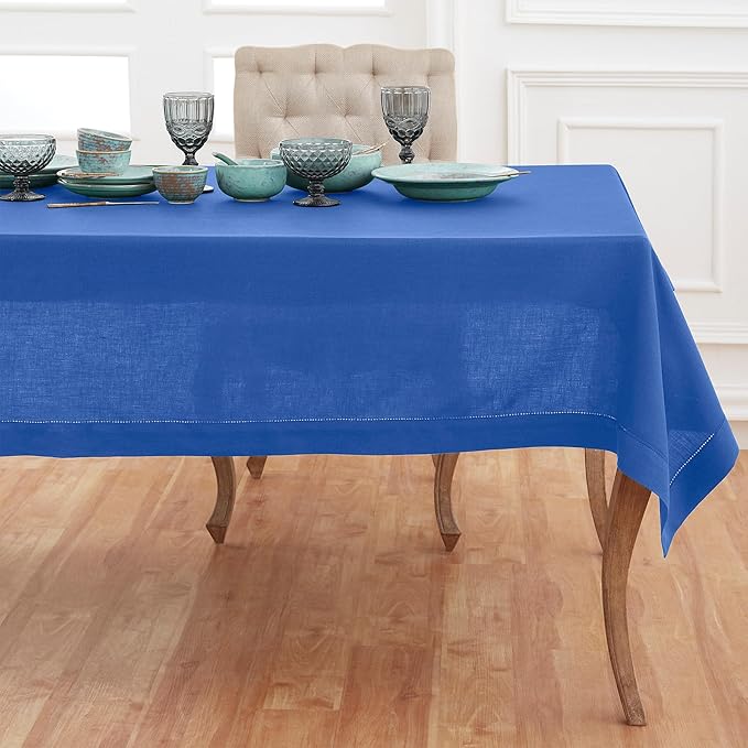 Solino Home Royal Blue Linen Tablecloth 60 x 90 Inch - 100% Pure Linen Hemstitch Table Cloth for Rectangle Tables - Classic Hemstitch, Machine Washable Tablecloth for Spring