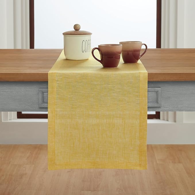 Solino Home Linen Table Runner 108 Inches Long - Athena, 100% Pure Linen Chambray Lemon Yellow 14 x 108 Inch Table Runner for Spring, Easter