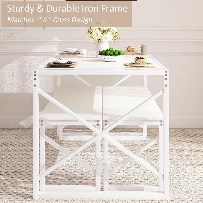 VECELO Kitchen Dining Table Sets for 6, 55" Wood Dinette 2 Benches with Metal Frame for Dinner Breakfast Nook and Small Space, White