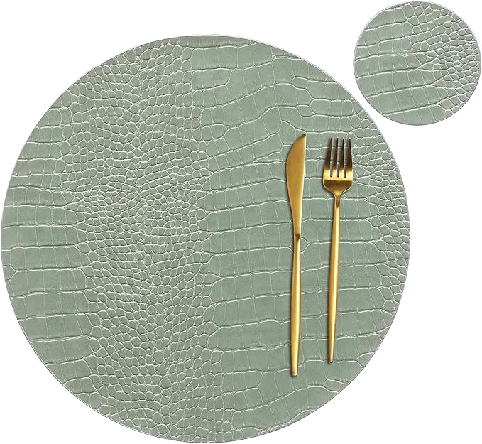 Jovono Round Leather Placemats for Round Tables Set of 8, Green Place Mats and Coasters, Wipeable Waterproof Heat Resistant Table Mats Easy to Care for Indoor Decor 14 inch Diameter