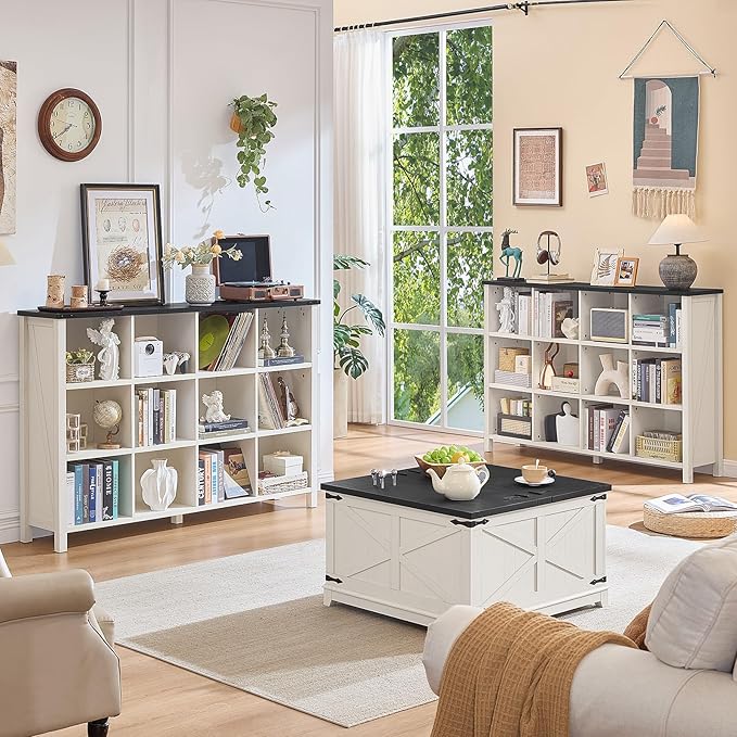 12 Cube Storage Organizer, Farmhouse 62 Inch Warm White Display Bookshelf, Wooden 3 Tier Large Open Book Shelf, Modern Bookcase for Home Office, Rustic Cubby Cabinet for Living Room, Bedroom
