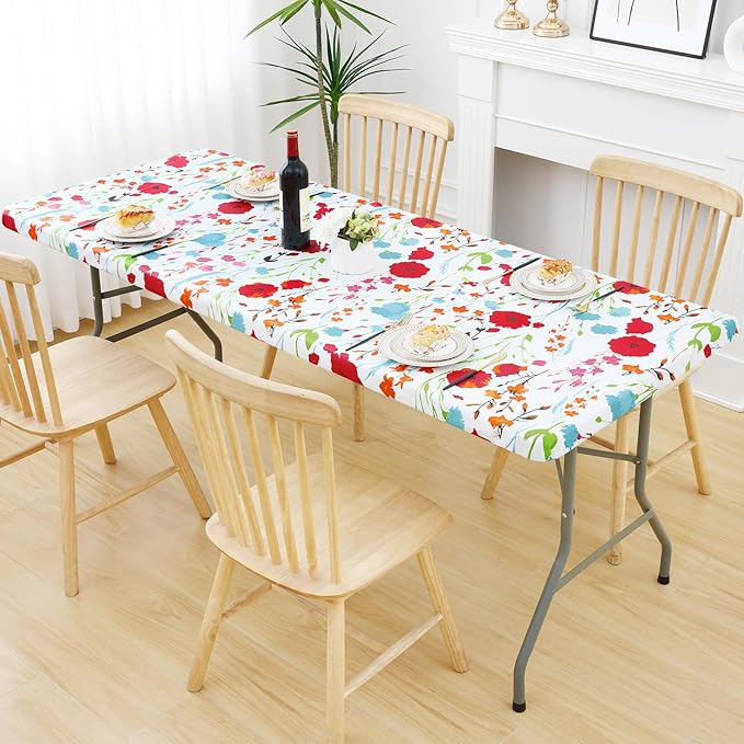 Smiry Rectangle Table Cloth Cover, Waterproof Elastic Fitted Picnic Tablecloth for 8 Foot Tables, Wipeable Flannel Backed Vinyl Tablecloths for Camping, Dining, Outdoor (Off White, 30" x 96")