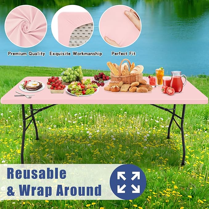 Spandex 8 Foot Rectangle Table Cloth 2 Pack, Elastic Fitted Tablecloths for Picnic, Stretch Washable Patio Table Cover for Outdoor, Camping, Banquet and Parties (Pink, 30"x96")
