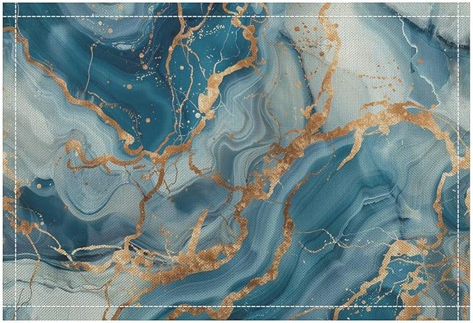 Marble Linen Placemats Set of 2, Modern Abstract Foil Stone Texture Gold Blue Marble 12x17 Inch Washable Table Mats Non Slip Placemats for Wedding Party Kitchen Banquets Dining Decoration