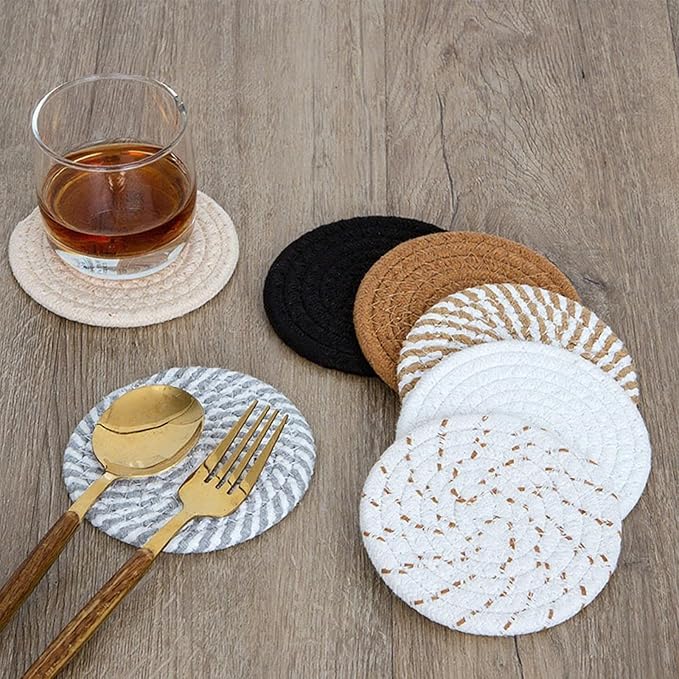 8 Pcs Drink Coasters with Holder, Handwoven Cotton Coasters Set Stackable Absorbent Minimalist Home Decor for Table, Cup, Mug (Black)