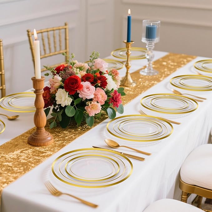 60 PCS Clear Gold Plastic Plates, Disposable Party Plates Include 30 Dinner Plate and 30 Dessert Plate Perfect for Holiday, Birthday, Wedding & Party