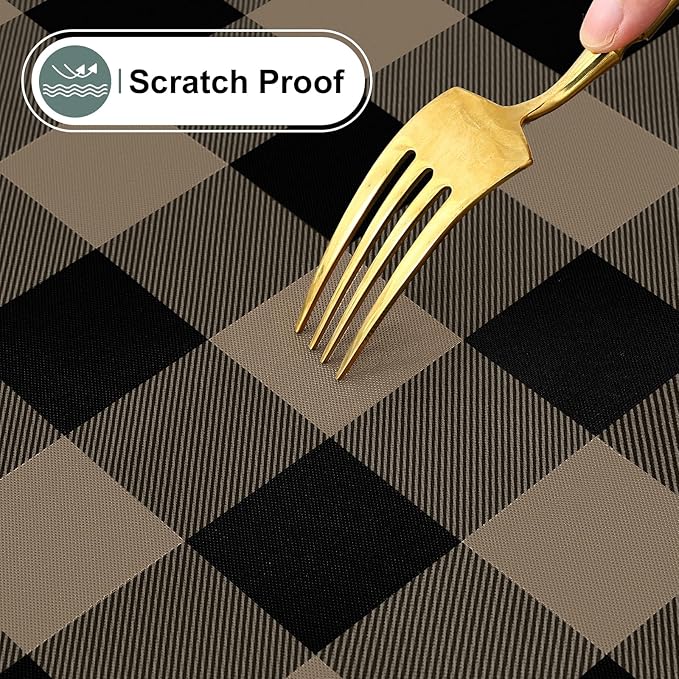misaya Rectangle Waterproof Vinyl Table Cloth, Buffalo Flannel Backed Tablecloth, Wipeable Plastic Table Cover for Dinner, Kitchen, Outdoor (52" x 70", Black and Khaki)