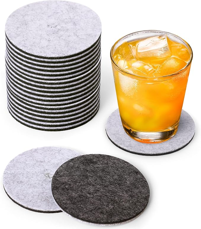 A&A Wonders Premium Felt Coasters for Drink, Two-Tone Reversible, Absorbent Felt Protects Furniture, Table, Anti Slip, Suitable for Drinks & All Table Types (Light Gray/Dark Gray, Circle 18 Pack)